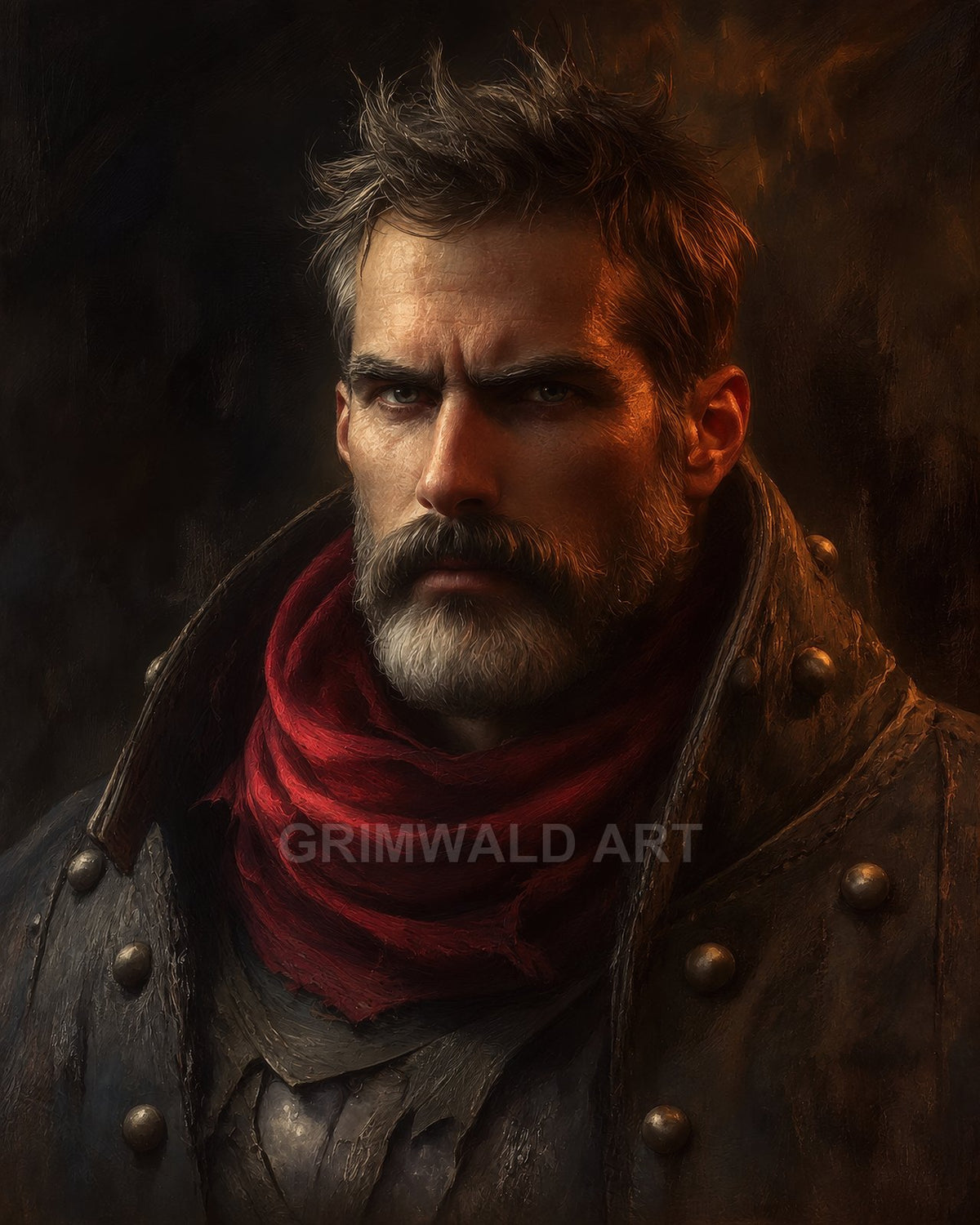 Moody portrait of a rugged bearded man in weathered leather coat with metal studs, red scarf, and firelit shadows against a dark background.