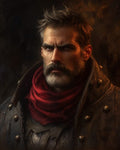 GRID THUMBNAIL — Moody portrait of a rugged bearded man in weathered leather coat with metal studs, red scarf, and firelit shadows against a dark background.