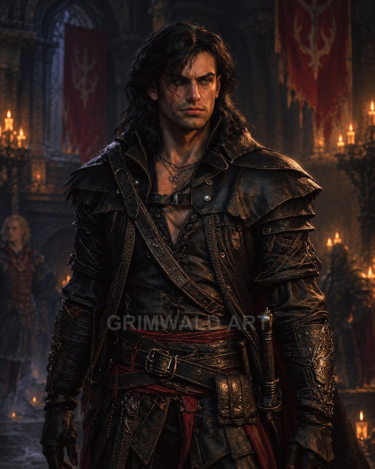 A brooding male rogue in dark leather armour stands in a candlelit castle hall, red banners behind, hand near sword, gothic ambience.