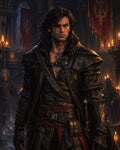 GRID THUMBNAIL — A brooding male rogue in dark leather armour stands in a candlelit castle hall, red banners behind, hand near sword, gothic ambience.