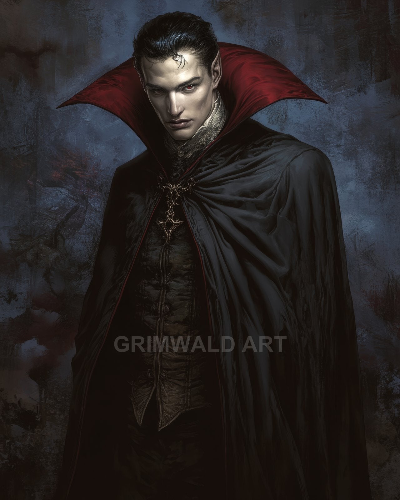 Portrait of a pale male vampire in an ornate black coat and red-lined cape, staring intently against a dark, textured background.
