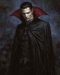 GRID THUMBNAIL — Portrait of a pale male vampire in an ornate black coat and red-lined cape, staring intently against a dark, textured background.