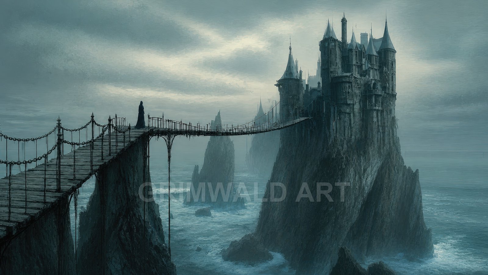 Gothic castle perched on jagged sea cliffs, linked by a rickety suspension bridge, lone cloaked figure, stormy skies and churning teal waves.