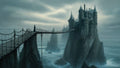 GRID THUMBNAIL — Gothic castle perched on jagged sea cliffs, linked by a rickety suspension bridge, lone cloaked figure, stormy skies and churning teal waves.