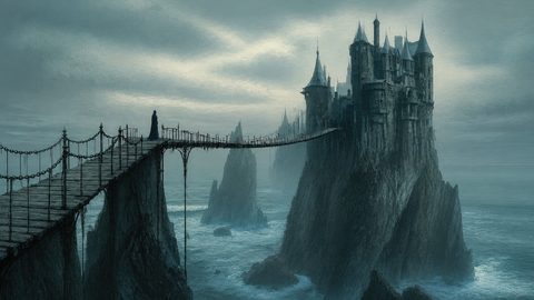 GRID THUMBNAIL — Gothic castle perched on jagged sea cliffs, linked by a rickety suspension bridge, lone cloaked figure, stormy skies and churning teal waves.