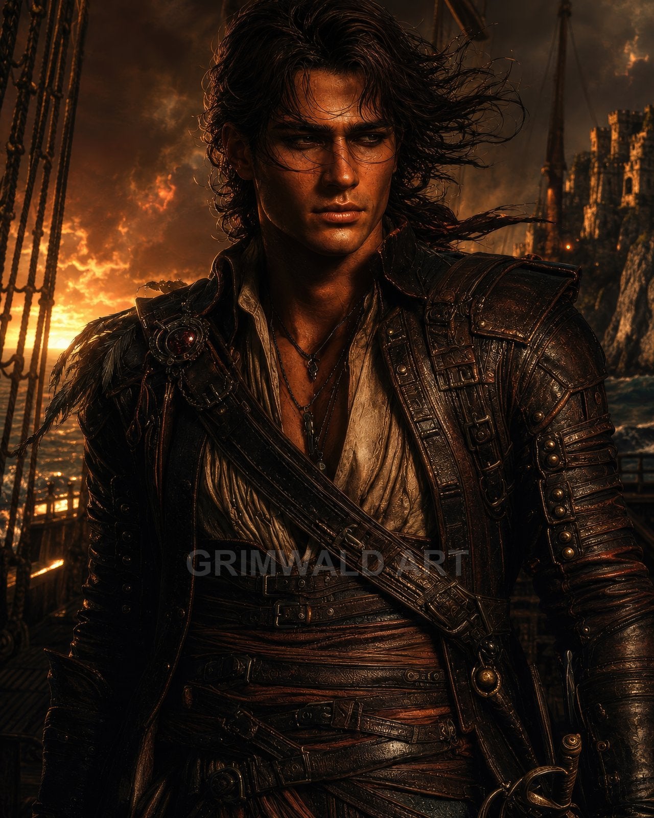 Leather-clad male swashbuckler on a ship at sunset, windblown hair, sword at hip, stormy sky and cliffside castle in background.