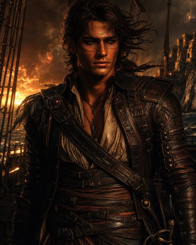 GRID THUMBNAIL — Leather-clad male swashbuckler on a ship at sunset, windblown hair, sword at hip, stormy sky and cliffside castle in background.