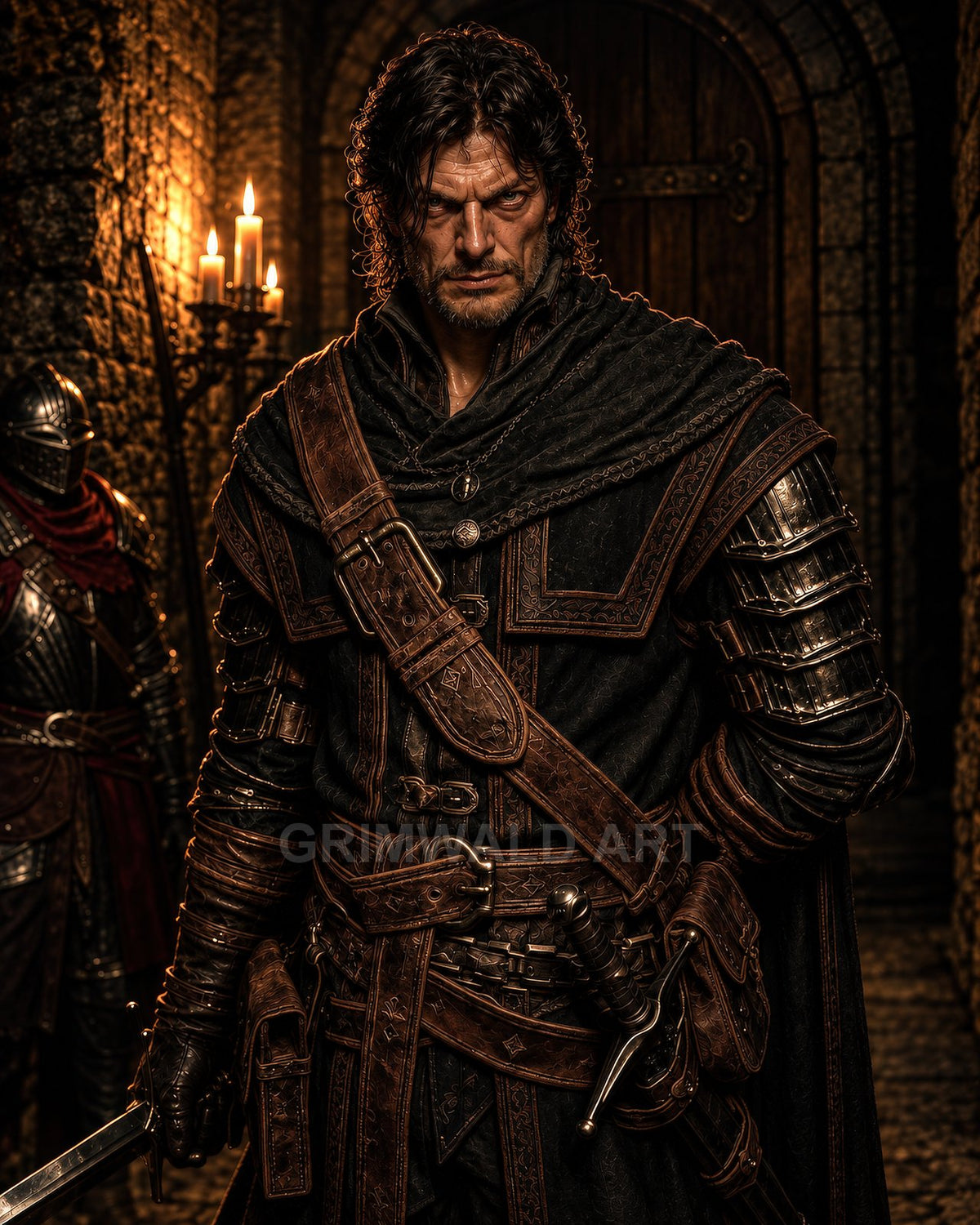 Grim male warrior in dark leather armour stands in a candlelit stone corridor, gripping a sword, cloaked and battle-worn, near a wooden door.