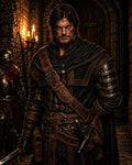 GRID THUMBNAIL — Grim male warrior in dark leather armour stands in a candlelit stone corridor, gripping a sword, cloaked and battle-worn, near a wooden door.
