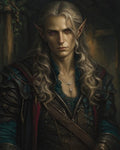 GRID THUMBNAIL — Portrait of an androgynous elf with long silver hair, pointed ears, mismatched purple and red eyes, ornate leather armour and necklaces, in firelit interior.