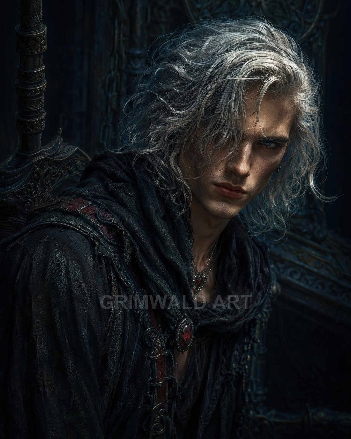 A close-up portrait of an androgynous, silver-haired rogue in dark gothic attire, with red gemstone amulets and an ornate sword in a shadowy castle.