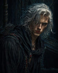 GRID THUMBNAIL — A close-up portrait of an androgynous, silver-haired rogue in dark gothic attire, with red gemstone amulets and an ornate sword in a shadowy castle.