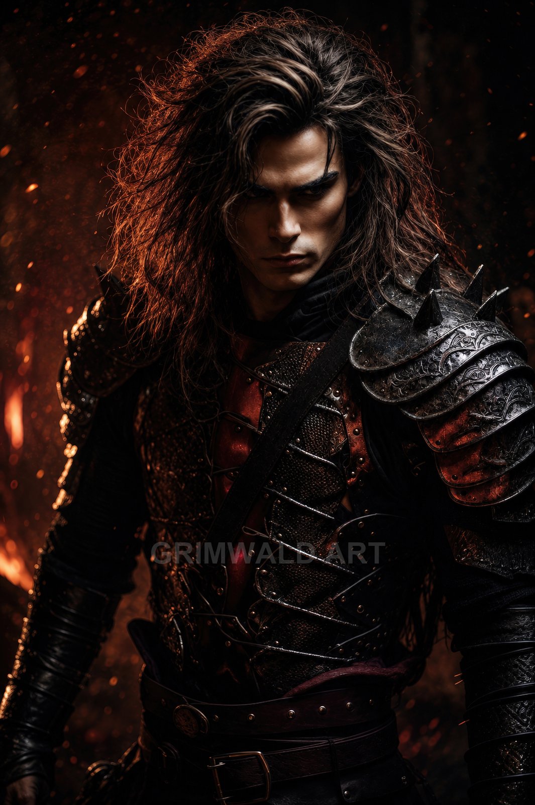 Moody portrait of a long-haired male warrior in dark spiked armour, lit by firelight with drifting embers against a shadowed background.