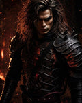 GRID THUMBNAIL — Moody portrait of a long-haired male warrior in dark spiked armour, lit by firelight with drifting embers against a shadowed background.