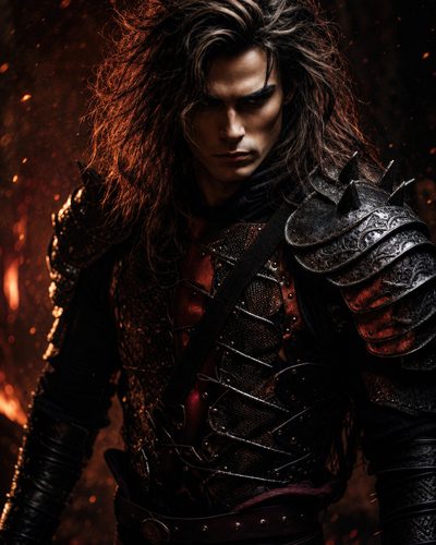 GRID THUMBNAIL — Moody portrait of a long-haired male warrior in dark spiked armour, lit by firelight with drifting embers against a shadowed background.