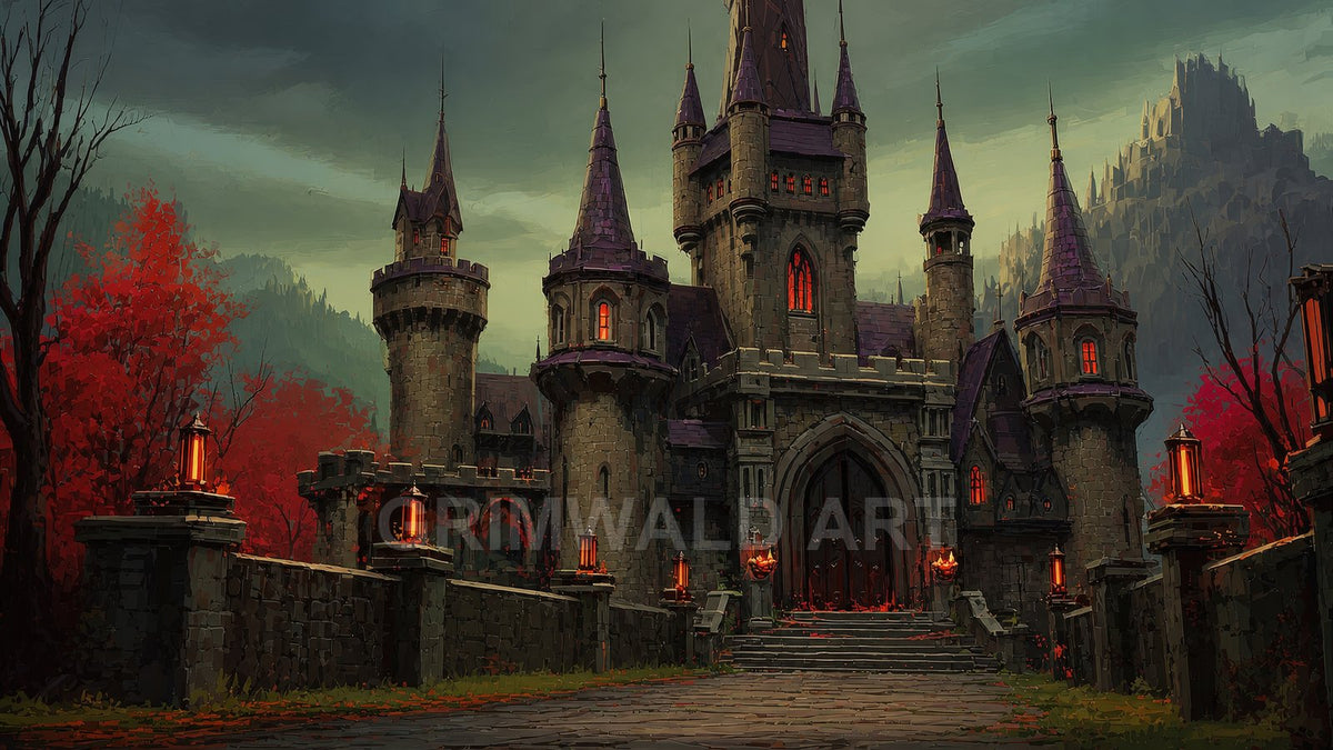 Moody stone castle with tall spires and glowing lanterns, framed by red autumn trees, under cloudy twilight sky with distant mountain fortress.