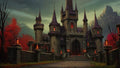 GRID THUMBNAIL — Moody stone castle with tall spires and glowing lanterns, framed by red autumn trees, under cloudy twilight sky with distant mountain fortress.
