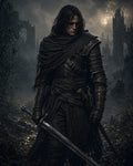 GRID THUMBNAIL — A brooding male warrior in weathered armour grips a longsword amid misty overgrown ruins under stormy twilight, cloak and hair soaked with rain.