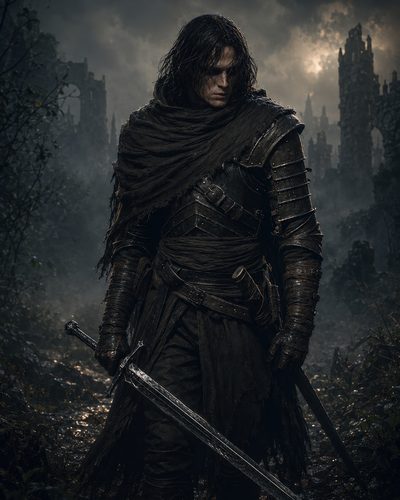 GRID THUMBNAIL — A brooding male warrior in weathered armour grips a longsword amid misty overgrown ruins under stormy twilight, cloak and hair soaked with rain.