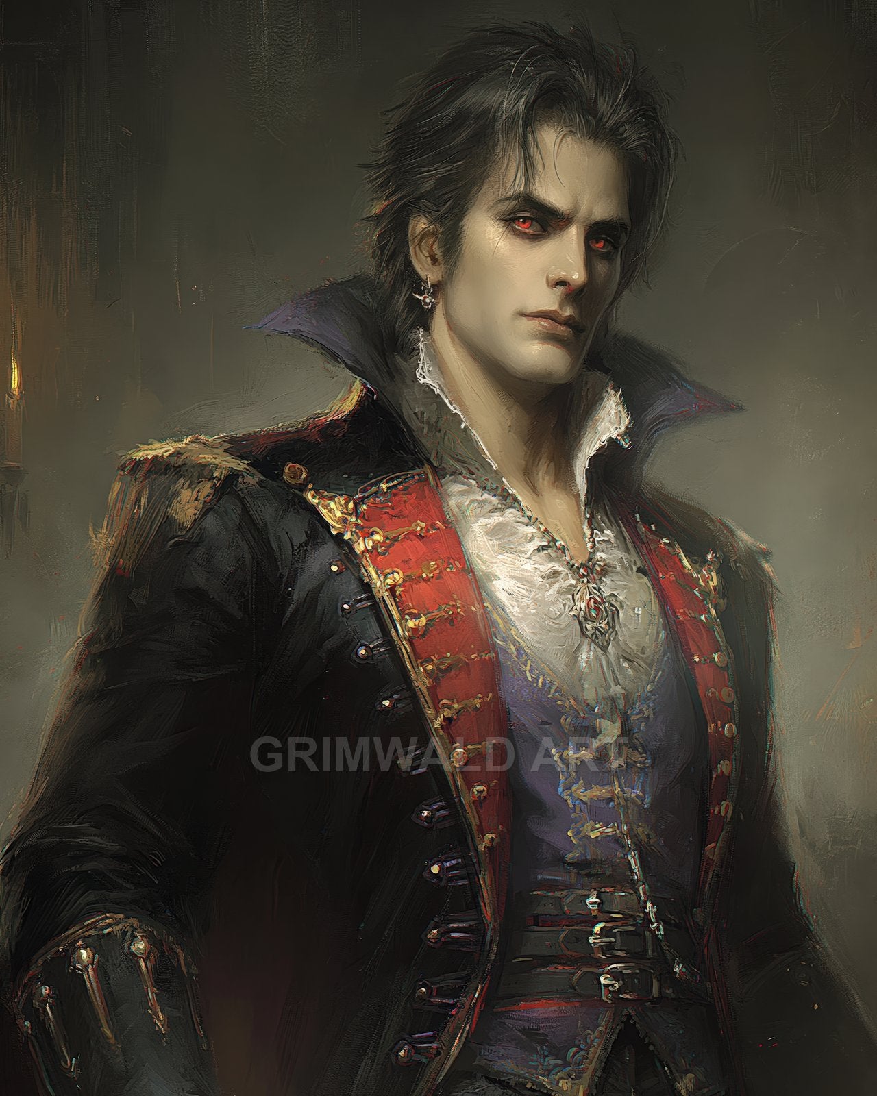 Portrait of a pale male vampire in ornate black and red finery, high collar and pendant, against a dim, firelit interior.