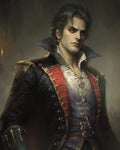 GRID THUMBNAIL — Portrait of a pale male vampire in ornate black and red finery, high collar and pendant, against a dim, firelit interior.