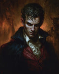 GRID THUMBNAIL — Brooding male vampire with glowing red eyes in a firelit interior, wearing dark cloak and red waistcoat, horned figure looming behind.
