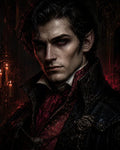 GRID THUMBNAIL — A pale, sharp-featured male vampire in ornate black and crimson attire stares intensely, candlelit gothic interior behind him with smouldering red glow.