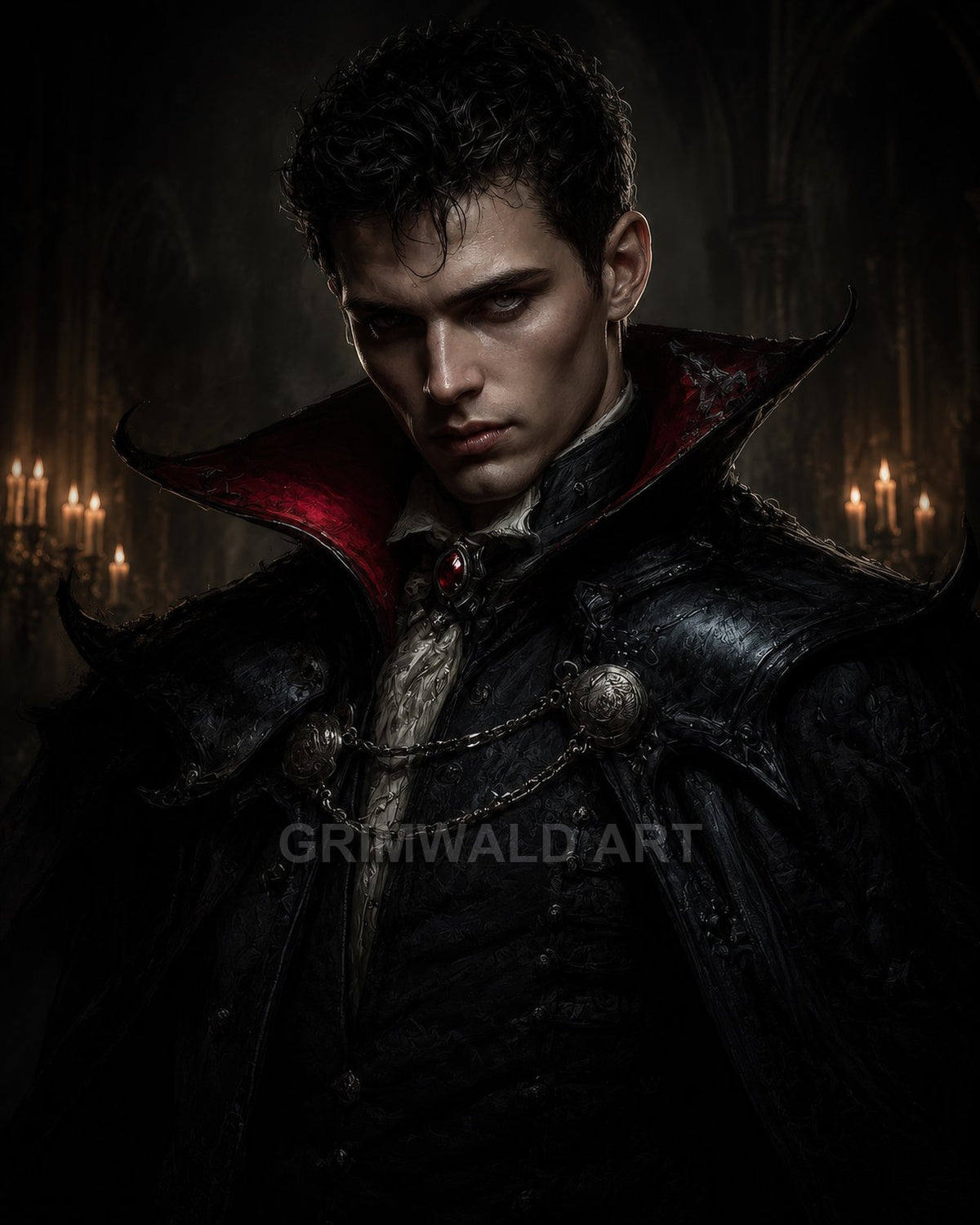 Brooding male vampire in ornate black cloak with red lining, candlelit gothic hall background, pale face, high collar, dark atmospheric portrait.