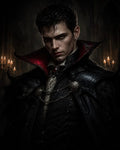GRID THUMBNAIL — Brooding male vampire in ornate black cloak with red lining, candlelit gothic hall background, pale face, high collar, dark atmospheric portrait.