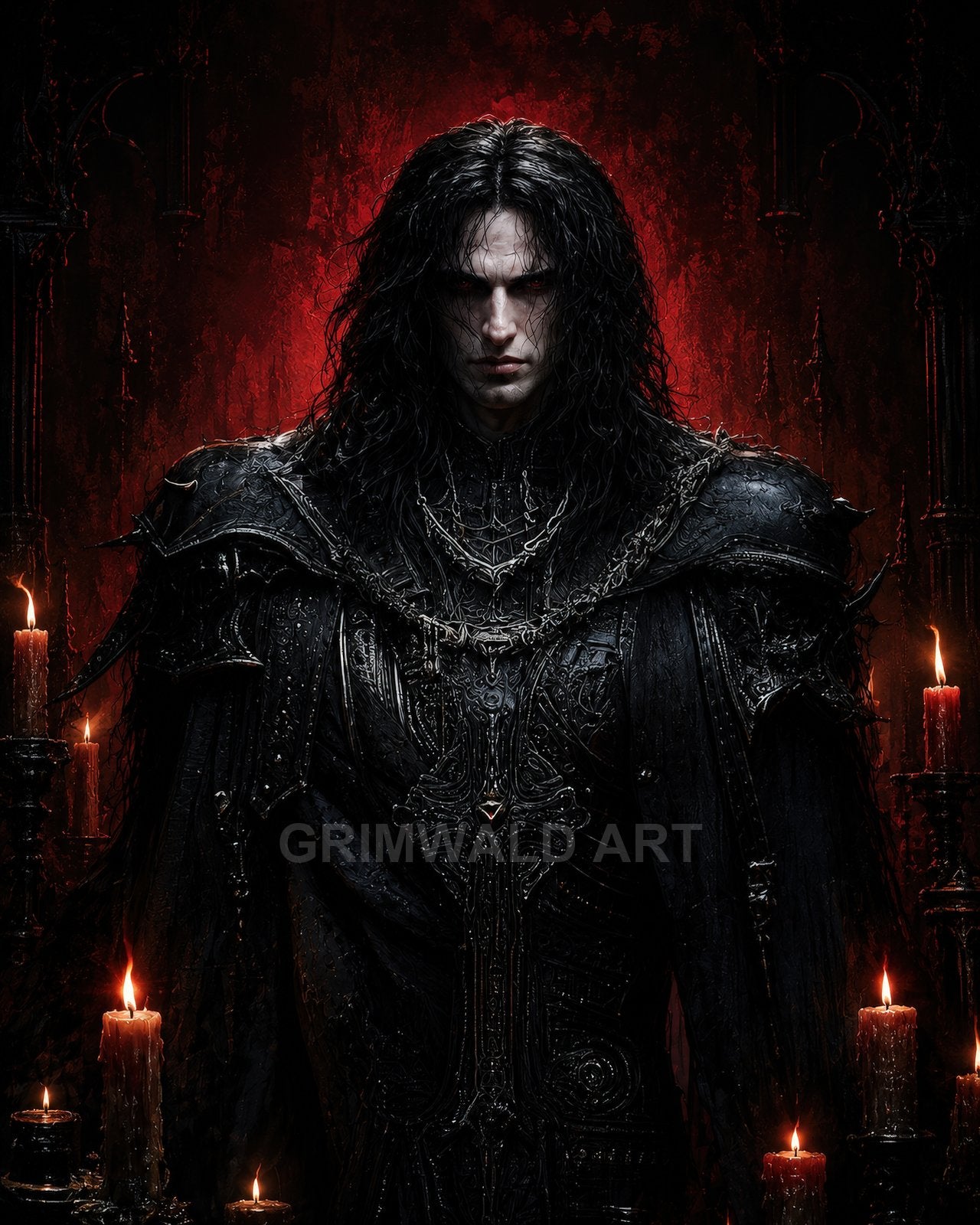 Pale, red-eyed male vampire in ornate black gothic armour stands amid candles against a blood-red backdrop, staring forward with an ominous expression.