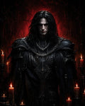 GRID THUMBNAIL — Pale, red-eyed male vampire in ornate black gothic armour stands amid candles against a blood-red backdrop, staring forward with an ominous expression.