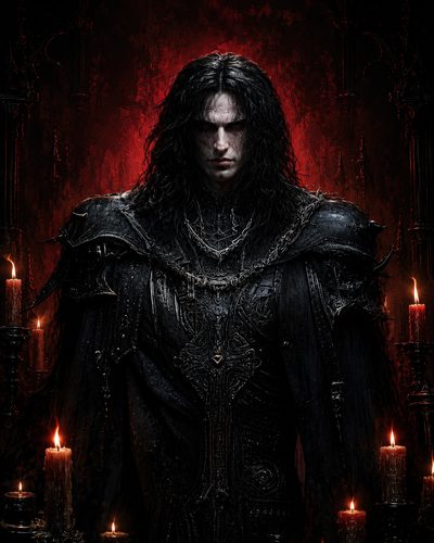 GRID THUMBNAIL — Pale, red-eyed male vampire in ornate black gothic armour stands amid candles against a blood-red backdrop, staring forward with an ominous expression.