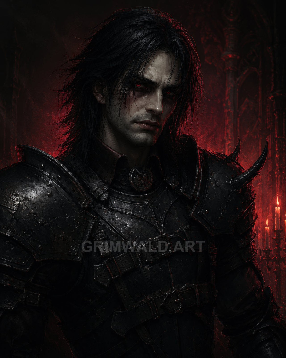 Red-eyed vampire knight in battered black plate armour, lit by candles against gothic arches, staring intently with a brooding, menacing expression.