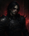 GRID THUMBNAIL — Red-eyed vampire knight in battered black plate armour, lit by candles against gothic arches, staring intently with a brooding, menacing expression.