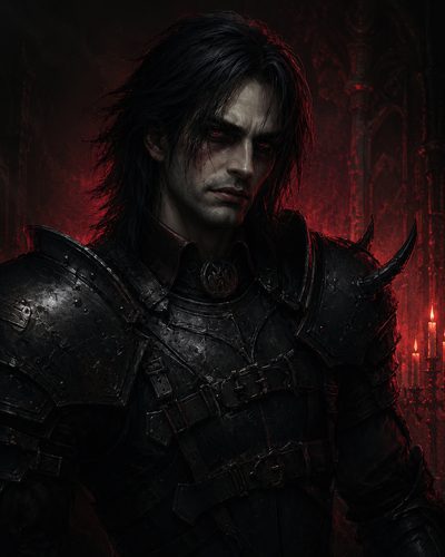 GRID THUMBNAIL — Red-eyed vampire knight in battered black plate armour, lit by candles against gothic arches, staring intently with a brooding, menacing expression.