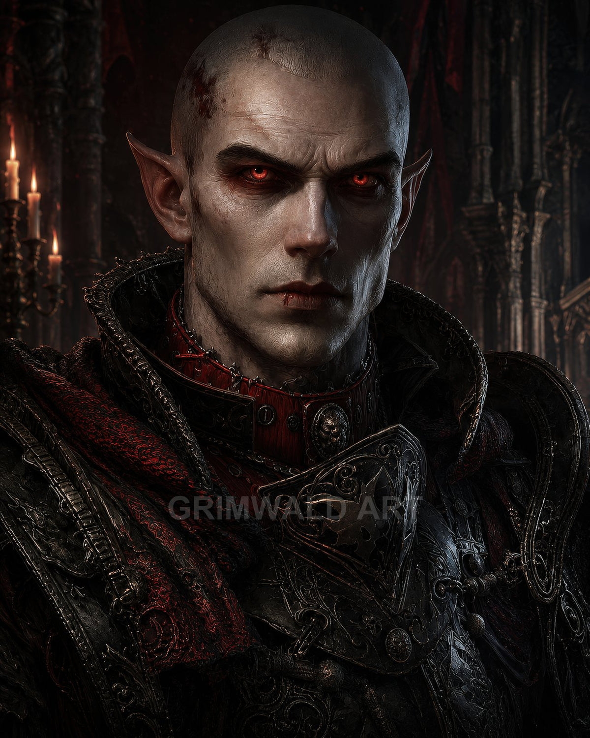 Portrait of a bald, red-eyed vampire in ornate black armour and red mantle, firelit within a shadowy cathedral, blood staining his lip.