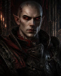 GRID THUMBNAIL — Portrait of a bald, red-eyed vampire in ornate black armour and red mantle, firelit within a shadowy cathedral, blood staining his lip.