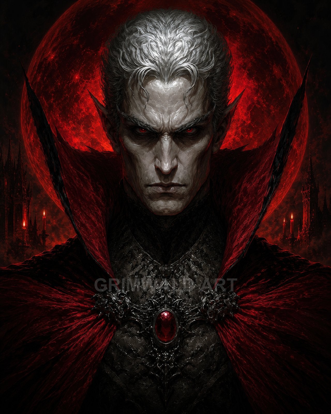 Pale vampire noble with red eyes in black armour and crimson cloak, framed by a blood-red moon and gothic spires, staring forward sternly.