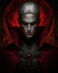 GRID THUMBNAIL — Pale vampire noble with red eyes in black armour and crimson cloak, framed by a blood-red moon and gothic spires, staring forward sternly.