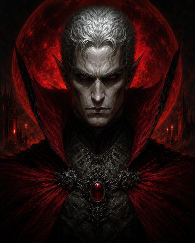 GRID THUMBNAIL — Pale vampire noble with red eyes in black armour and crimson cloak, framed by a blood-red moon and gothic spires, staring forward sternly.