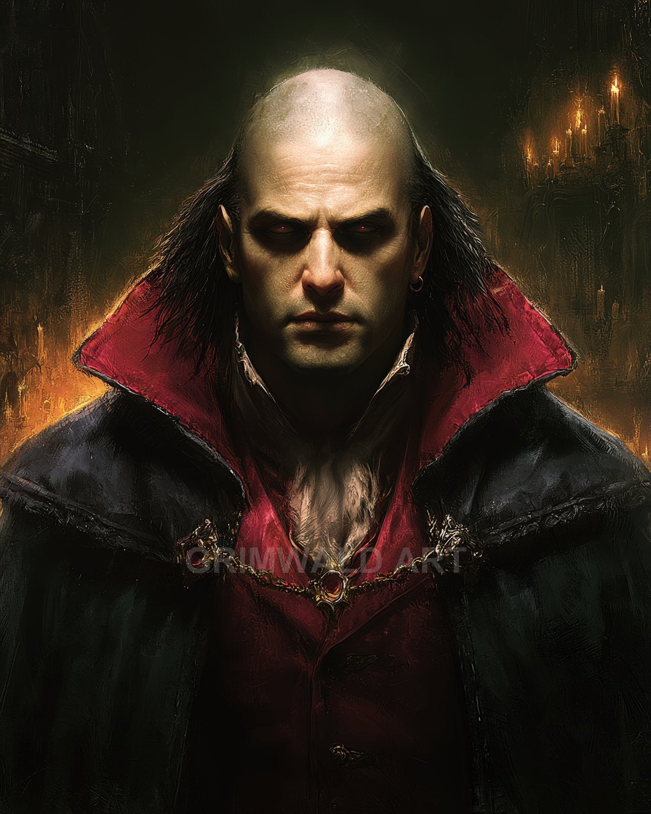 Bald, pale vampire in a high-collared red cloak stares forward with glowing eyes, candlelit gothic interior behind, dark, menacing atmosphere.