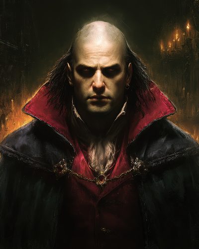 GRID THUMBNAIL — Bald, pale vampire in a high-collared red cloak stares forward with glowing eyes, candlelit gothic interior behind, dark, menacing atmosphere.
