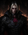 GRID THUMBNAIL — Pale, red-eyed vampire with pointed ears in dark baroque armour and crimson cravat, standing before flickering candles in a shadowy interior.