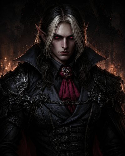 GRID THUMBNAIL — Pale, red-eyed vampire with pointed ears in dark baroque armour and crimson cravat, standing before flickering candles in a shadowy interior.