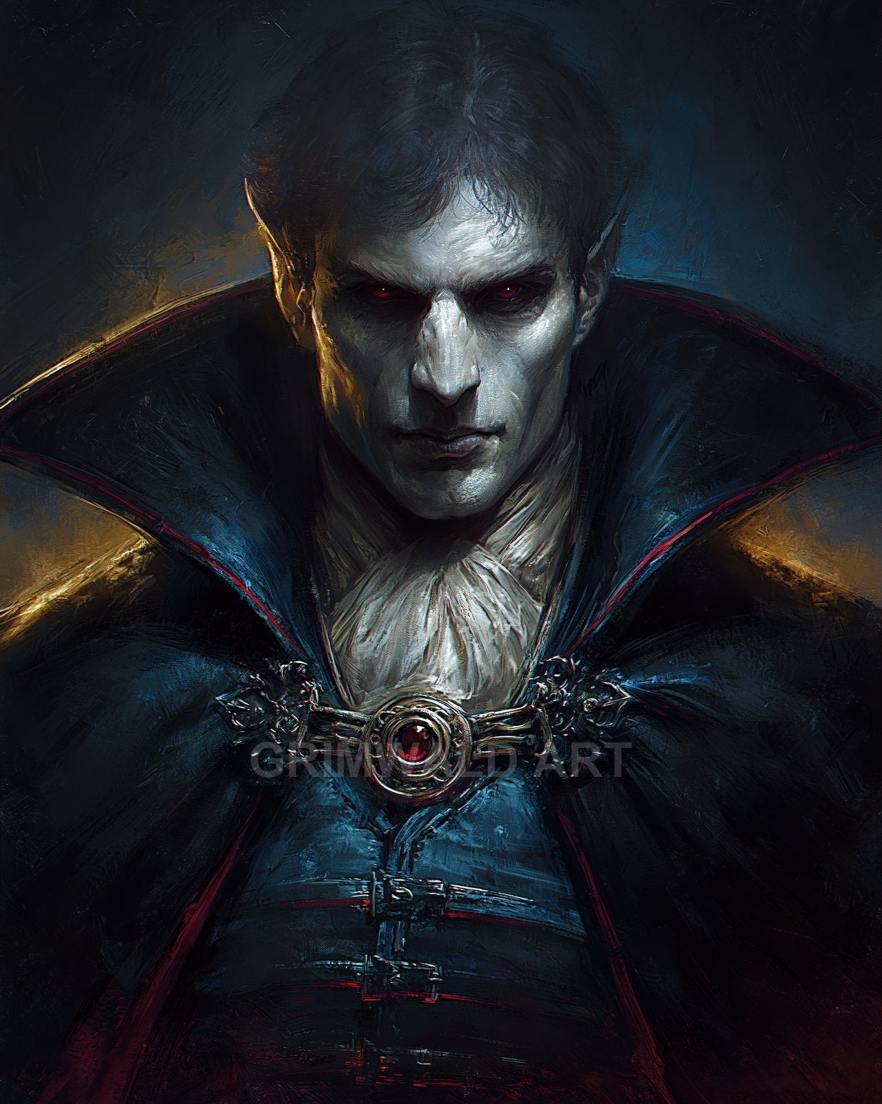 A pale, red-eyed vampire in an ornate high-collared cloak and jewelled brooch stares forward in moody, blue-black light.