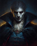 GRID THUMBNAIL — A pale, red-eyed vampire in an ornate high-collared cloak and jewelled brooch stares forward in moody, blue-black light.