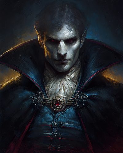 GRID THUMBNAIL — A pale, red-eyed vampire in an ornate high-collared cloak and jewelled brooch stares forward in moody, blue-black light.