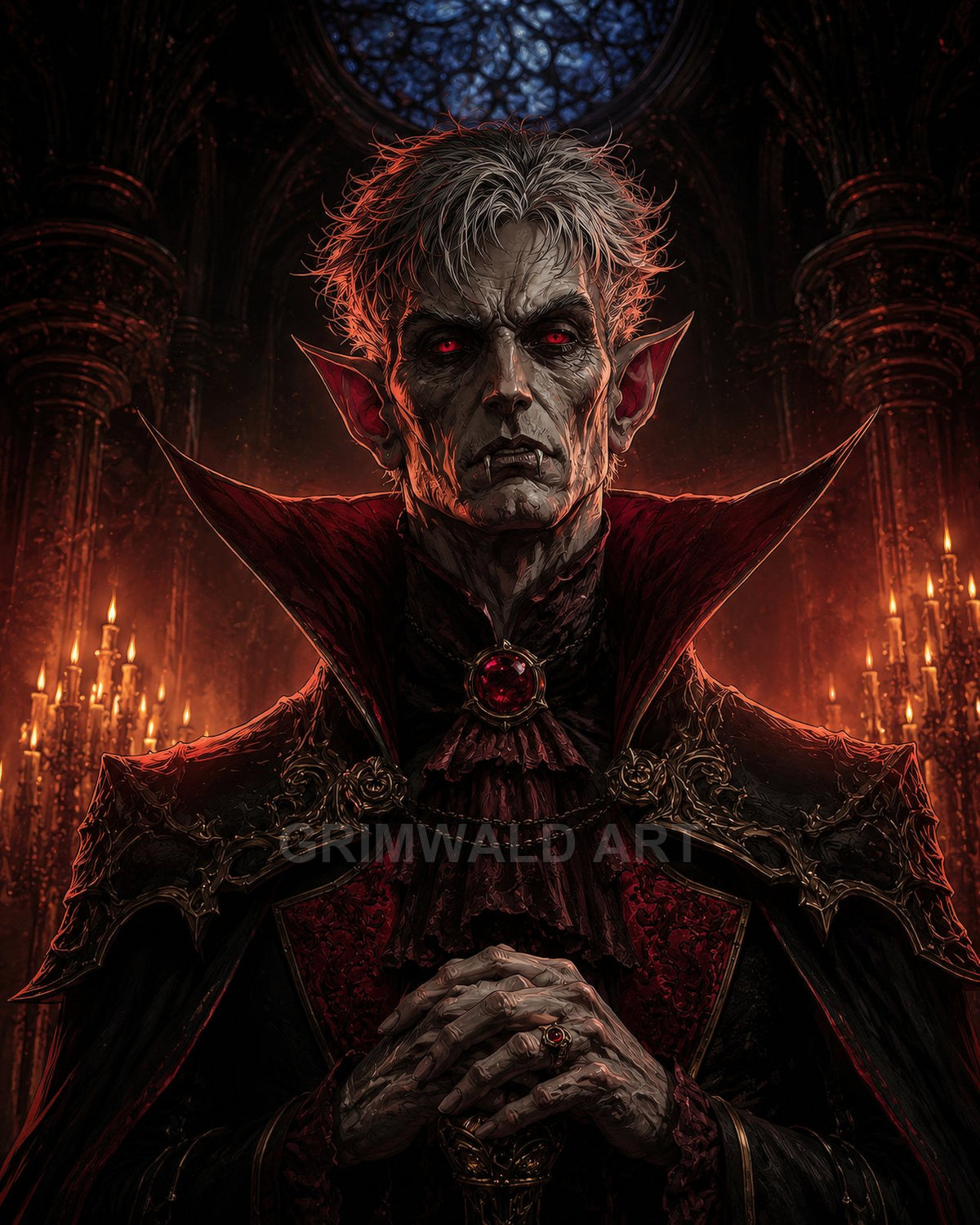 Pale red-eyed vampire noble in ornate black and crimson attire, hands clasped before candelabras inside a gothic cathedral, illuminated by warm candlelight.
