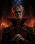 GRID THUMBNAIL — Pale red-eyed vampire noble in ornate black and crimson attire, hands clasped before candelabras inside a gothic cathedral, illuminated by warm candlelight.