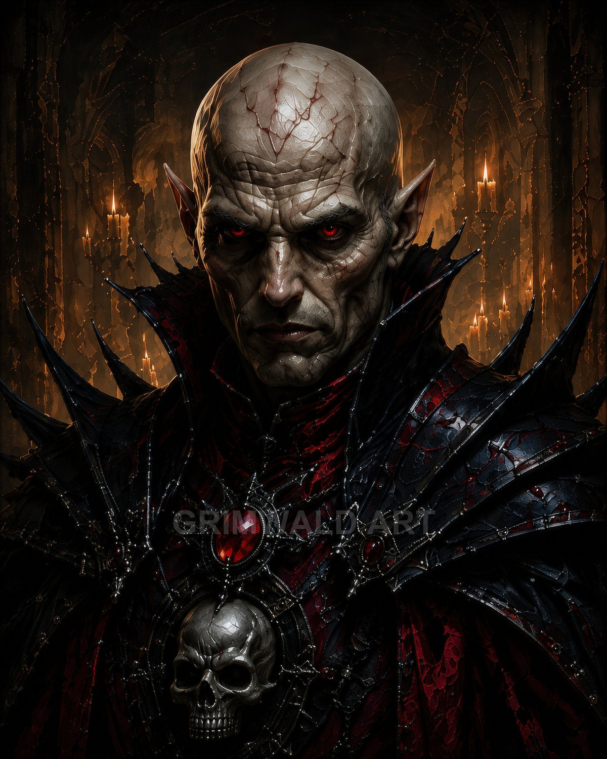 Menacing bald vampire with red eyes and spiked black armour adorned with skull and ruby, standing before candlelit gothic arches.